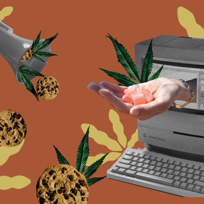 edibles spilling out of a computer and megaphone