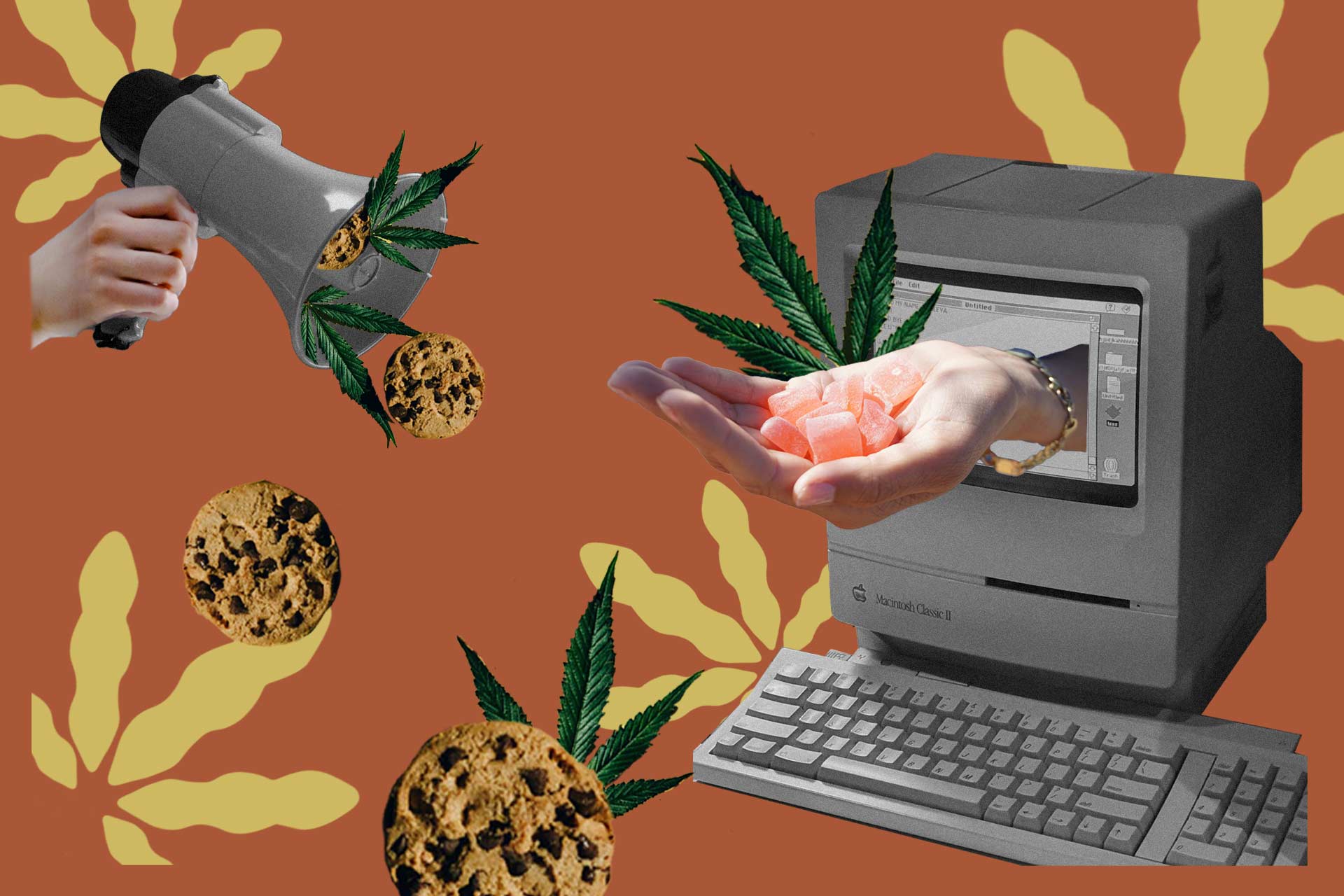 edibles spilling out of a computer and megaphone