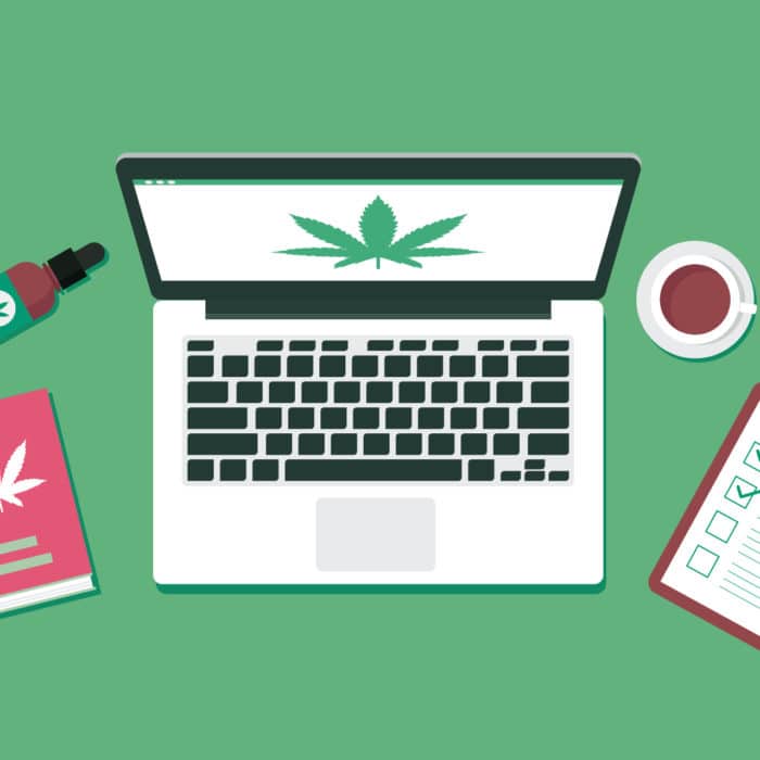 top down look on illustrated desk with cannabis computer