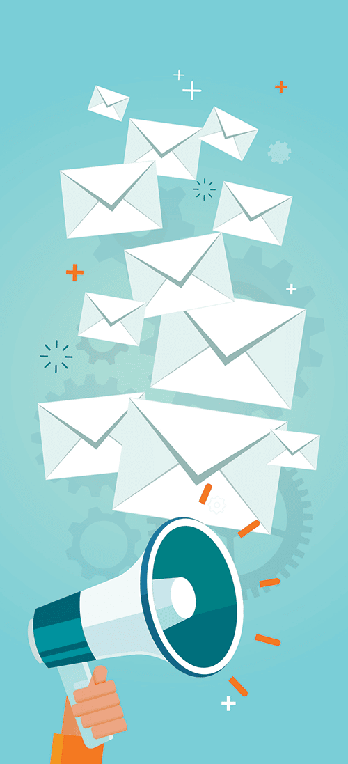 Illustration of envelopes and a loudspeaker depicting important communication