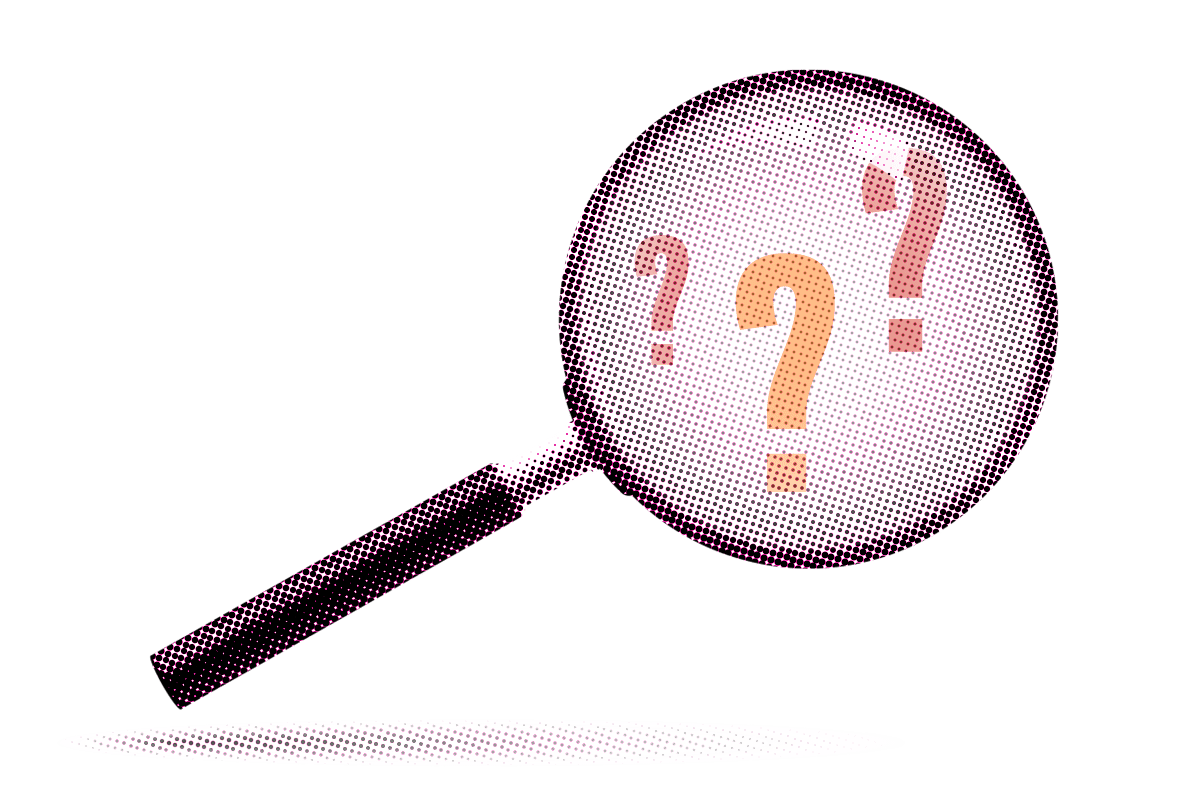 Magnifying glass enlarging question marks with a halftone style