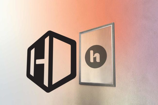 Previous design of Hybrid brand logo with new version reflected in a mirror