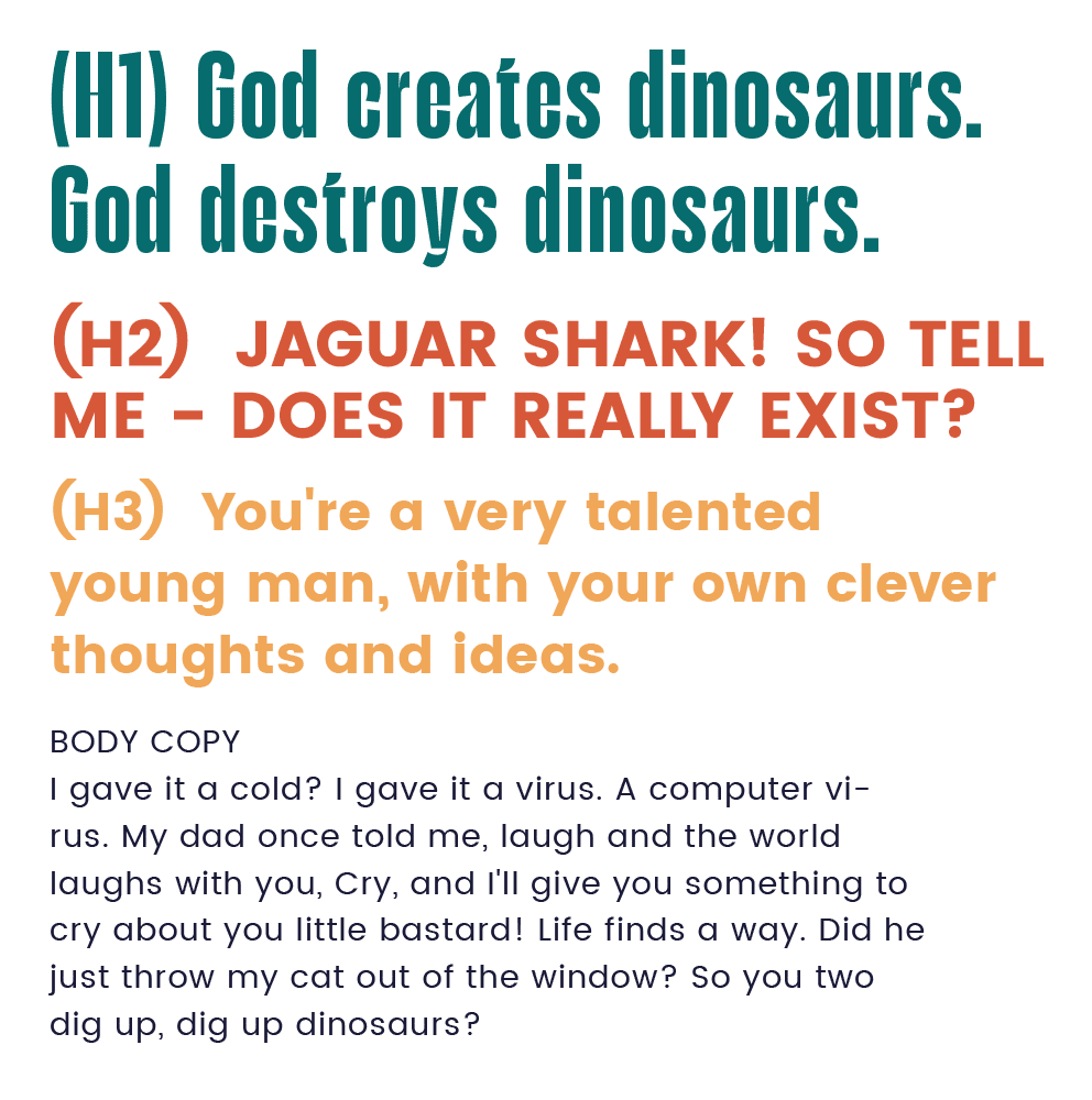 Example of H1 - H2 - H3 and body copy fonts for Hybrid Marketing Rebrand