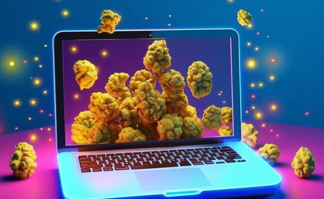 cannabis flower buds coming out of laptop