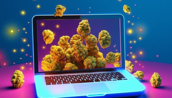 cannabis flower buds coming out of laptop