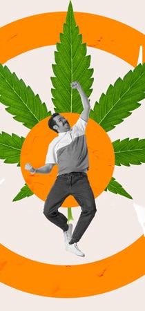 Budtender Jumping for Joy with Cannabis Leaf in background