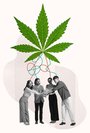 Budtenders with hands in circle with Cannabis leaf above their heads