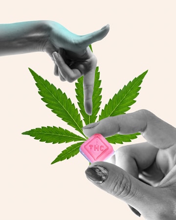 Hand holding THC Edible with another hand pointing at it: Cannabis Leaf in the background