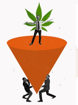 2 business men holding up an orange cone carrying a cannabis business man