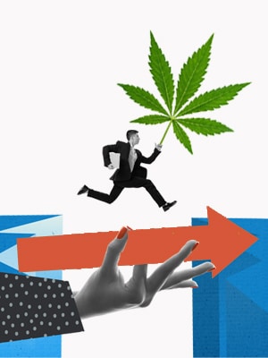 B2B Cannabis Lead running across arrow held by business woman's hand