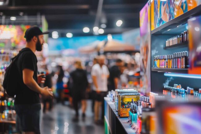 Cannabis trade show with marijuana vape products on display and attendees browsing in the background.