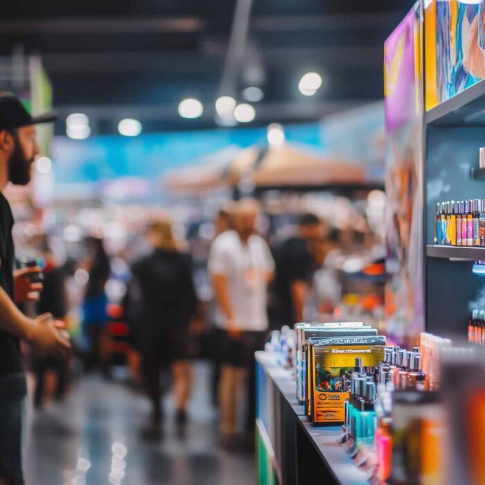 Cannabis trade show with marijuana vape products on display and attendees browsing in the background.