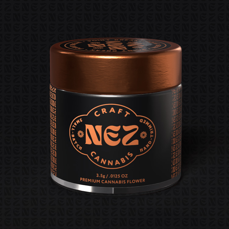 NEZ Craft Cannabis flower jar with premium black and copper packaging, representing effective cannabis brand marketing and compliant CPG packaging design.