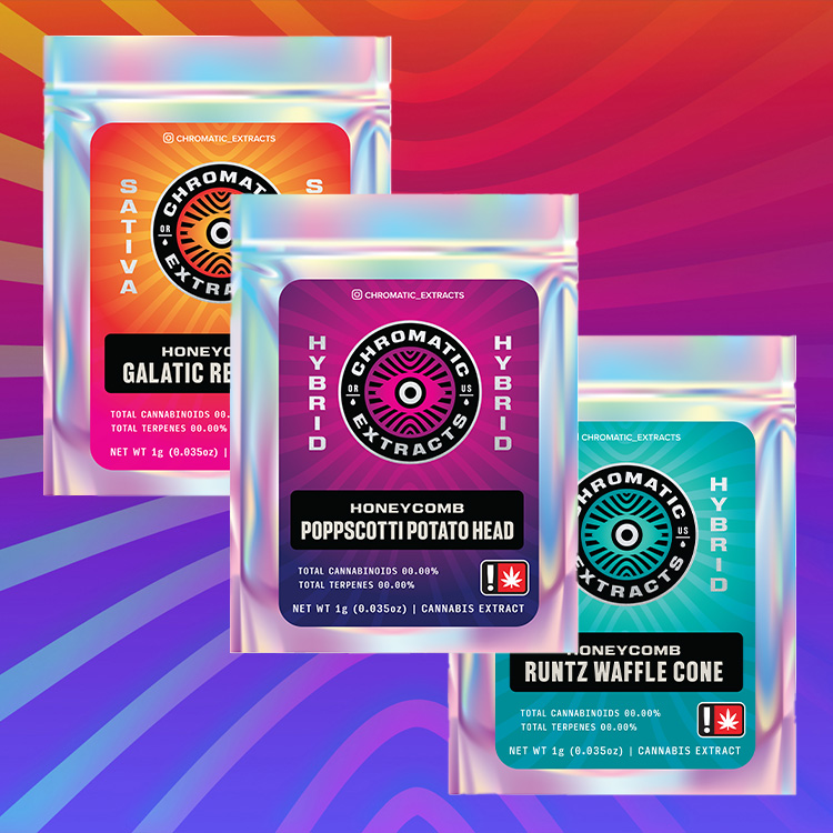 Three colorful cannabis extract packages from Chromatic Extracts featuring strain names like Galactic Rizz, Poppscotti Potato Head, and Runtz Waffle Cone, showcasing bold, compliant packaging design for cannabis brands.