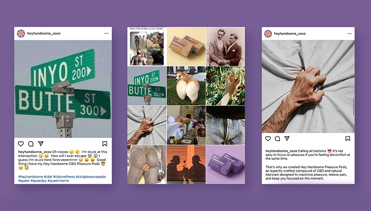 Social media content grid for Hey Handsome CBD featuring playful Instagram posts and product visuals, demonstrating bold and inclusive cannabis digital design