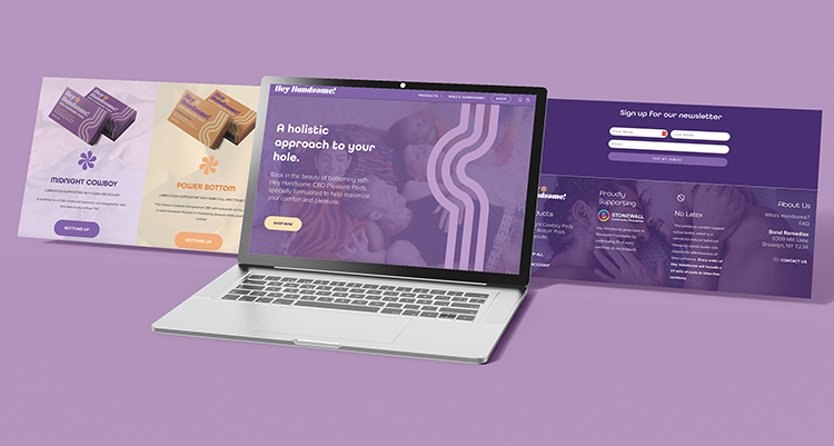 Hey Handsome CBD website and landing page design displayed on laptop, featuring bold typography, product highlights, and inclusive branding in a cohesive digital layout