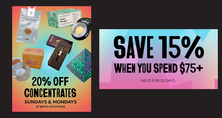 Digital promotional graphics for Housing Works Cannabis Co featuring cannabis concentrate deals and seasonal discounts, designed for dispensary marketing and customer engagement