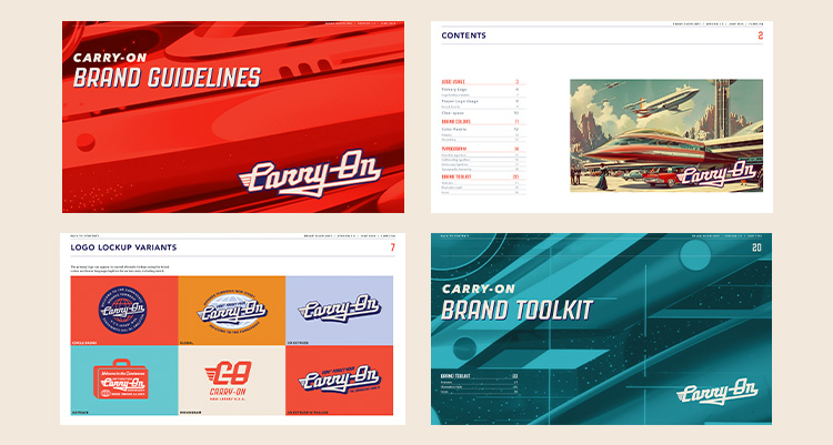 Carry-On brand guidelines and toolkit pages showcasing logo variants, typography, and visual system design for cohesive cannabis branding across print and digital channels