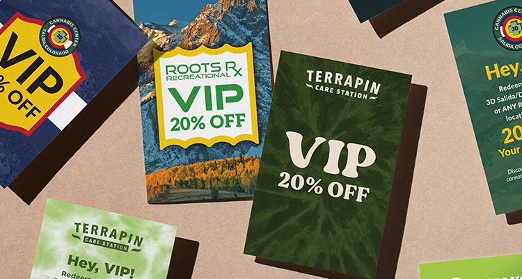 Assorted cannabis VIP discount cards and promotional print materials for dispensaries, showcasing branded design and retail marketing collateral