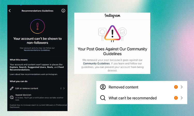 Examples of Instagram content restriction and guideline violation messages highlighting social media challenges for cannabis advertising