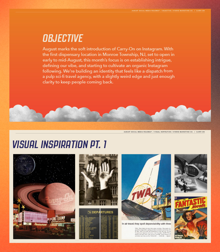 Social media branding concept for Carry-On, featuring a retro sci-fi visual theme with Instagram strategy objectives and vintage travel imagery as creative inspiration.