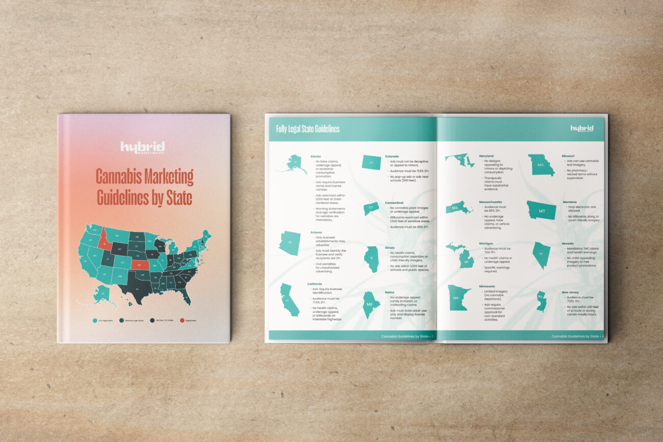 Cannabis marketing guidelines by state booklet showing US map and state regulations