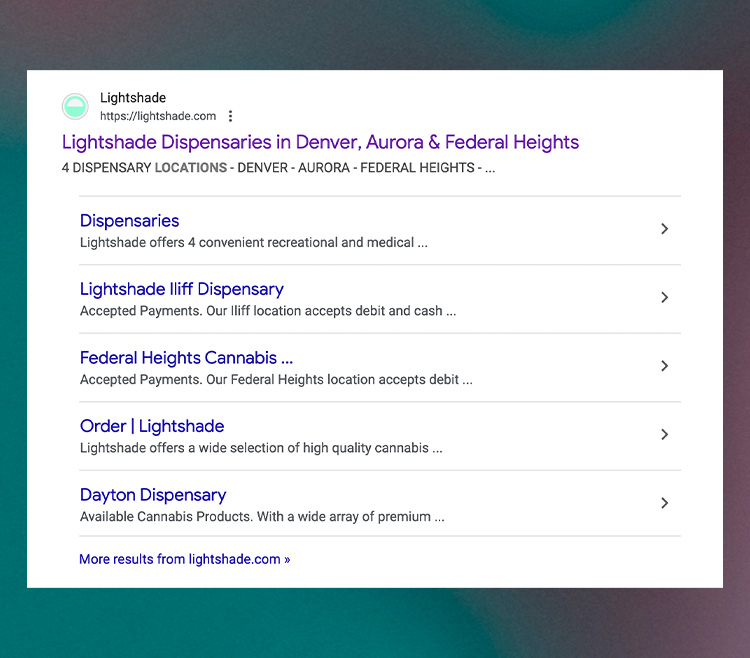 Google search results showing Lightshade dispensary locations ranking in Denver, Aurora, and Federal Heights