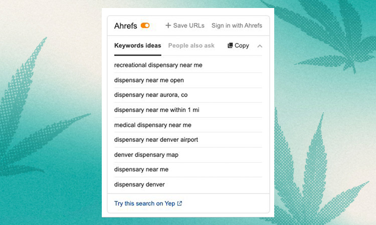 Ahrefs keyword research tool showing dispensary SEO search terms like "dispensary near me" and "medical dispensary near me"