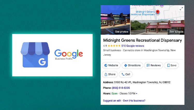 Google Business Profile for Midnight Greens Recreational Dispensary in Washington Township, NJ showing 4.9-star rating and customer reviews