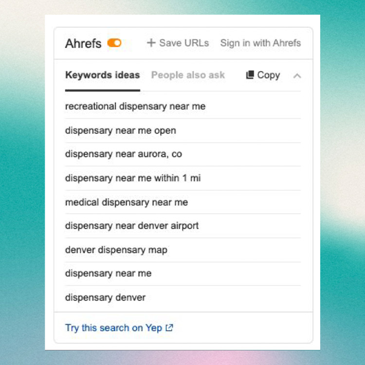 Ahrefs keyword research tool showing dispensary SEO search terms like "dispensary near me" and "medical dispensary near me"