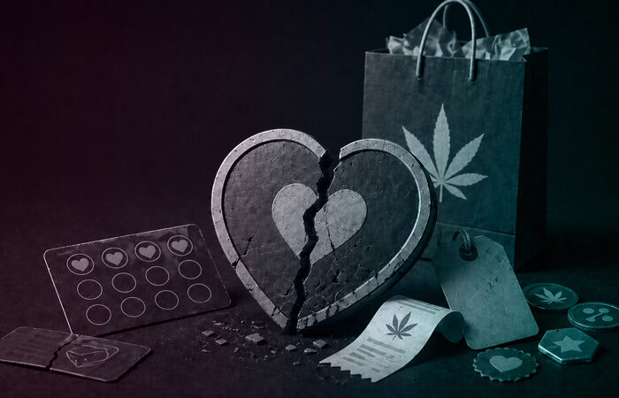 Cracked heart-shaped loyalty badge surrounded by cannabis dispensary rewards cards, receipt, promo tag, and shopping bag.