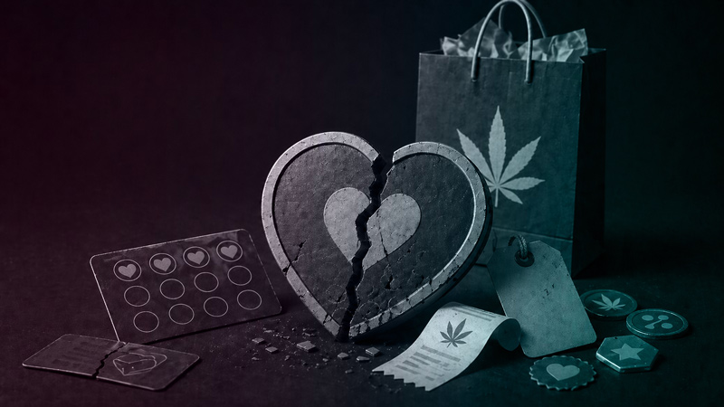 Cracked heart-shaped loyalty badge surrounded by cannabis dispensary rewards cards, receipt, promo tag, and shopping bag.