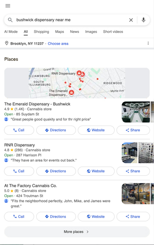 Mobile View of Google Search in 11237 "Bushwick Dispensary Near Me"
